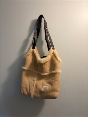UGG Tan Shearling Shoulder Bag with Dark Brown Straps